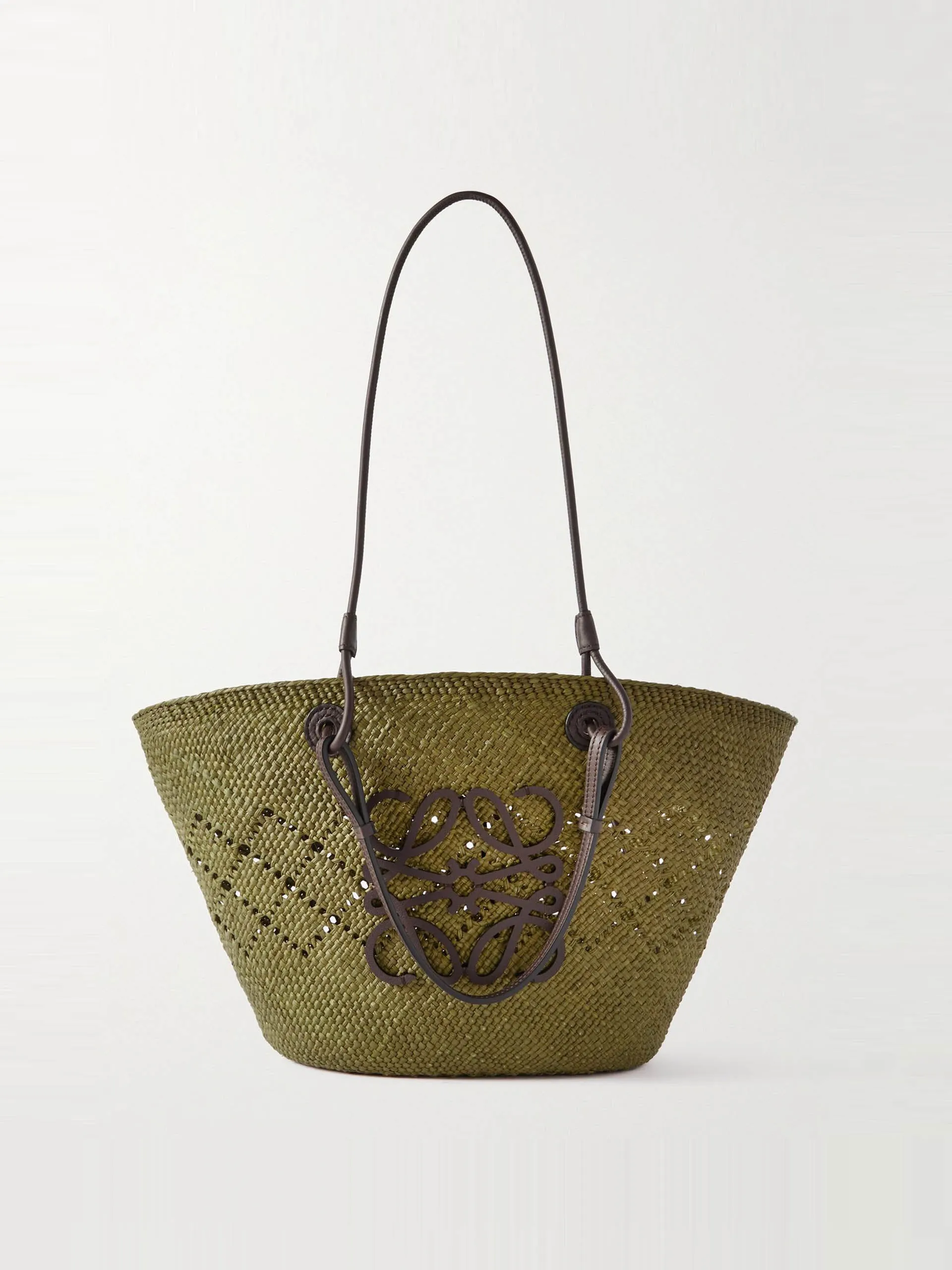 Anagram medium appliquéd leather-trimmed perforated raffia tote