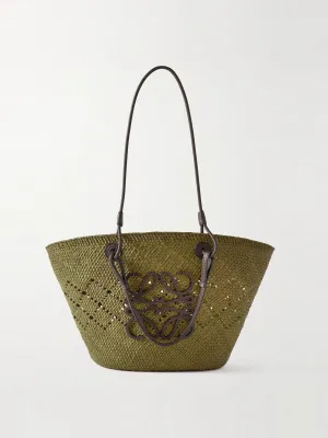 Anagram medium appliquéd leather-trimmed perforated raffia tote