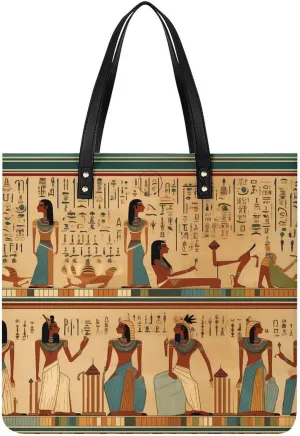 Ancient Egypt Hieroglyphics Print Pharaoh Leather Tote Bags Casual Shoulder Handbag Purses Portable Shopping Bag for Men Women