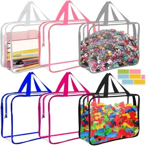 AOBOPLE 6 Pack Toy Storage Bags with Zipper, Reusable Clear Toy Organizer Bags with Labels PVC Board Game Storage for Travel Organizer Building Blocks, Puzzle,6 Colors (11.8x8.7x3.9in)