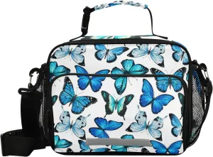 Aslsiy Lunch Bag for Women Blue Watercolor Butterflies Insulated Lunch Box Mysterious Handbag with Adjustable Shoulder Strap for Office Picnic Travel