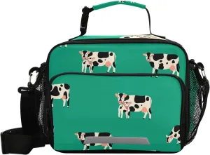 Aslsiy Lunch Bag for Women Cows and Calf Insulated Lunch Box Green Handbag with Adjustable Shoulder Strap for Office Picnic Travel