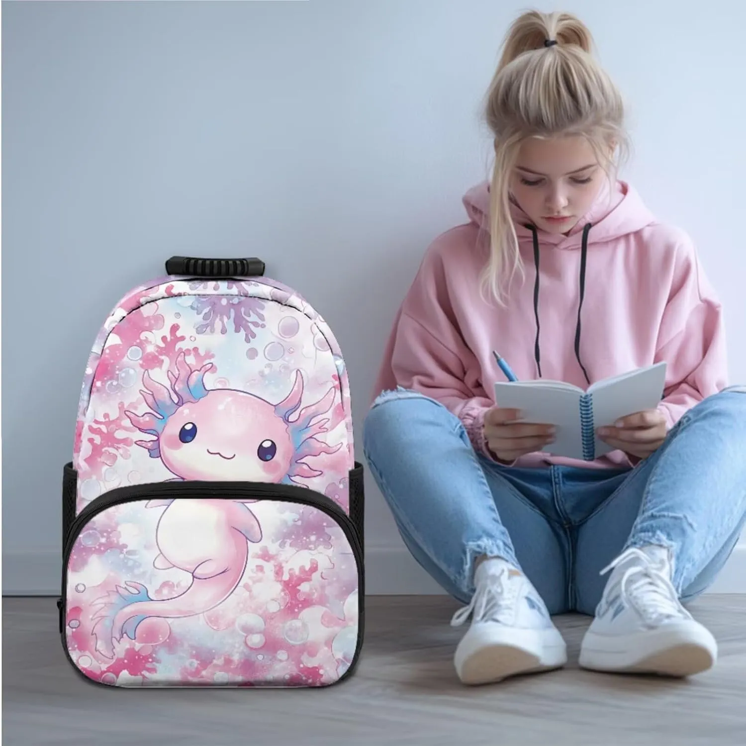 Axolotl Backpack and Lunch Box for Toddler Girls 3 In 1 Teen Girls School Bags for 14-16 Years Old Large Pencil Box Holder with Zipper Lightweight School Bag Set for Teen Middle Primary