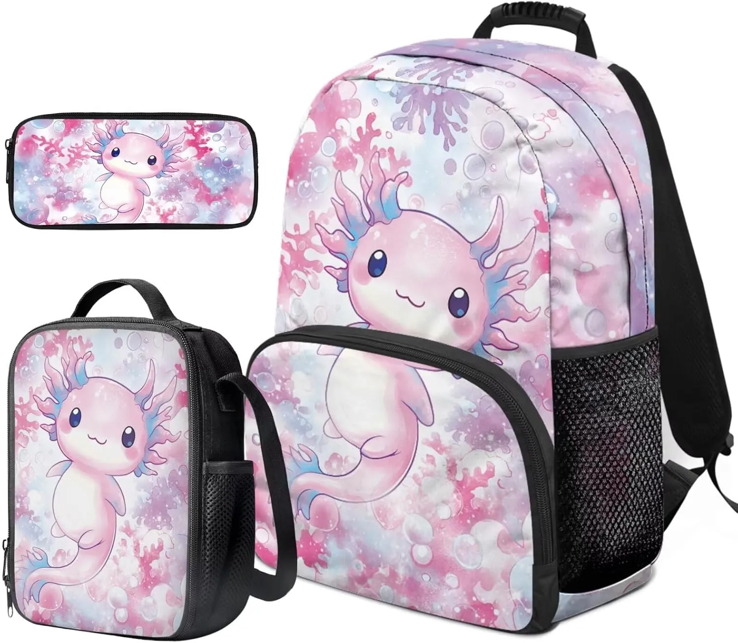 Axolotl Backpack and Lunch Box for Toddler Girls 3 In 1 Teen Girls School Bags for 14-16 Years Old Large Pencil Box Holder with Zipper Lightweight School Bag Set for Teen Middle Primary