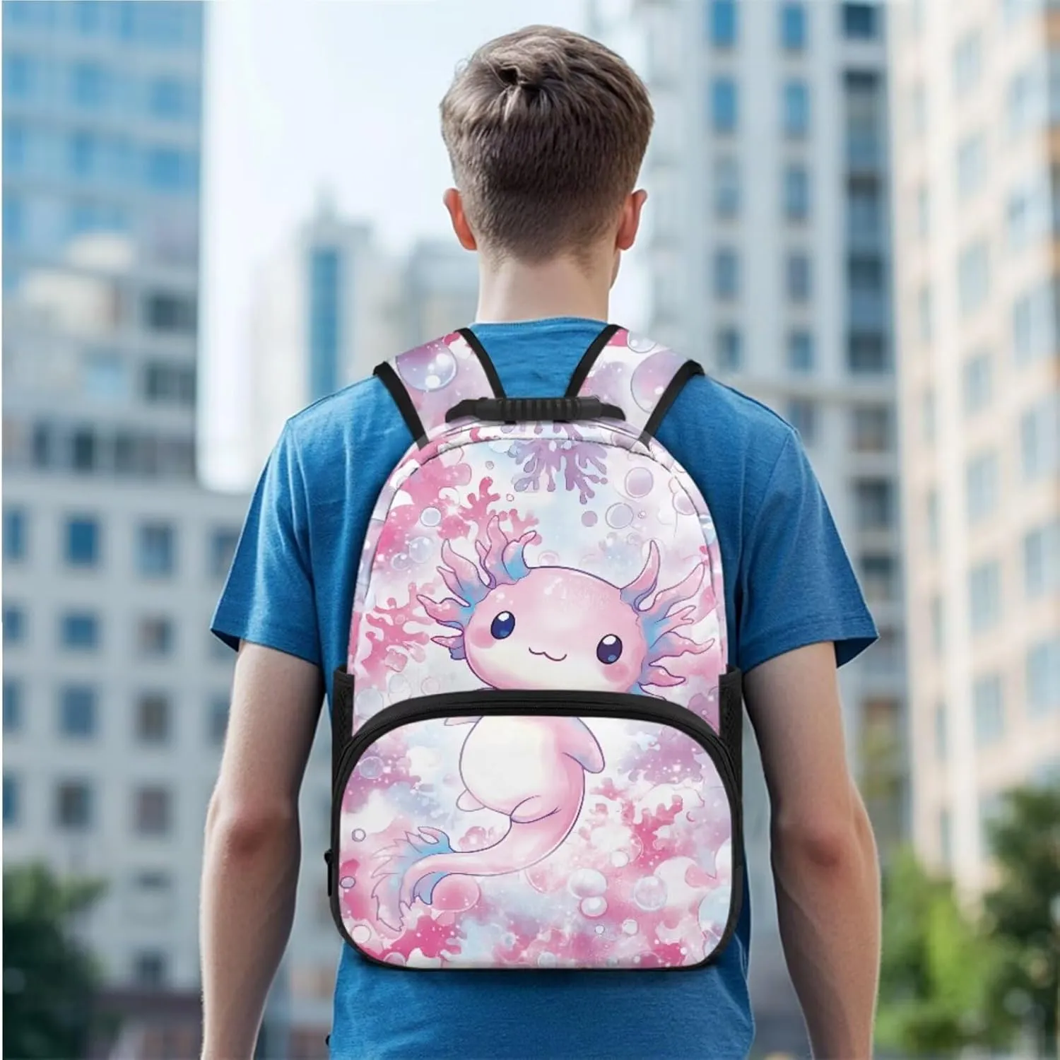 Axolotl Backpack and Lunch Box for Toddler Girls 3 In 1 Teen Girls School Bags for 14-16 Years Old Large Pencil Box Holder with Zipper Lightweight School Bag Set for Teen Middle Primary