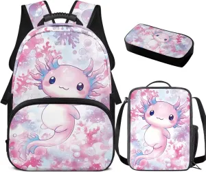 Axolotl Backpack and Lunch Box for Toddler Girls 3 In 1 Teen Girls School Bags for 14-16 Years Old Large Pencil Box Holder with Zipper Lightweight School Bag Set for Teen Middle Primary
