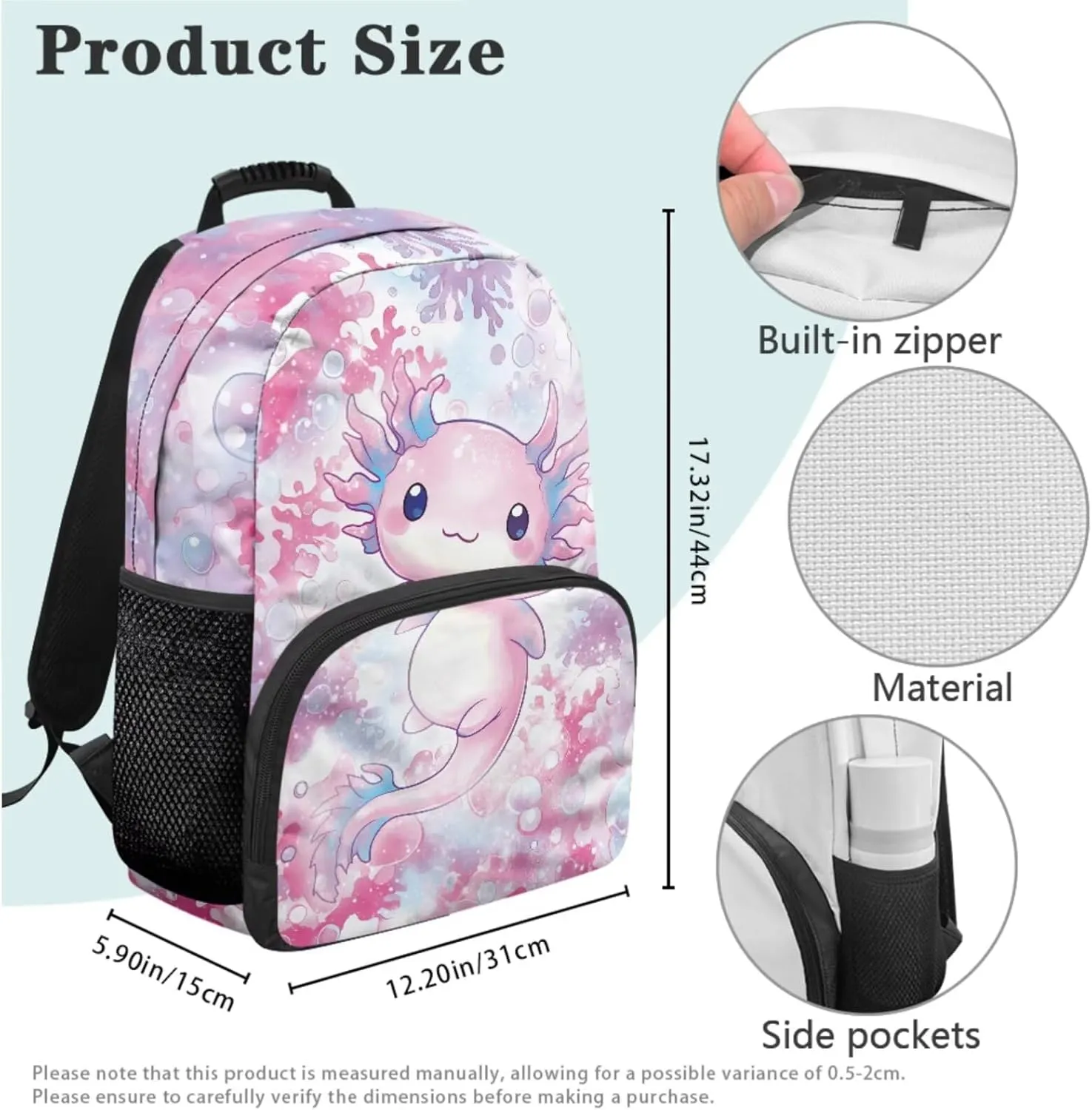 Axolotl Backpack and Lunch Box for Toddler Girls 3 In 1 Teen Girls School Bags for 14-16 Years Old Large Pencil Box Holder with Zipper Lightweight School Bag Set for Teen Middle Primary