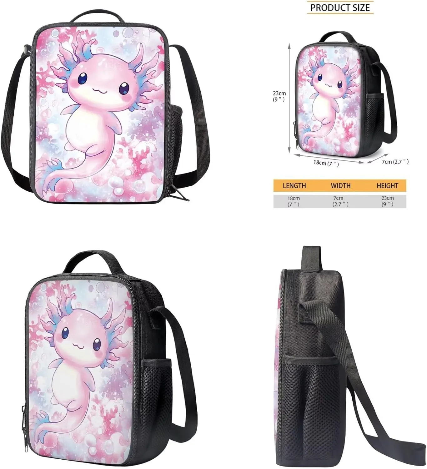 Axolotl Backpack and Lunch Box for Toddler Girls 3 In 1 Teen Girls School Bags for 14-16 Years Old Large Pencil Box Holder with Zipper Lightweight School Bag Set for Teen Middle Primary