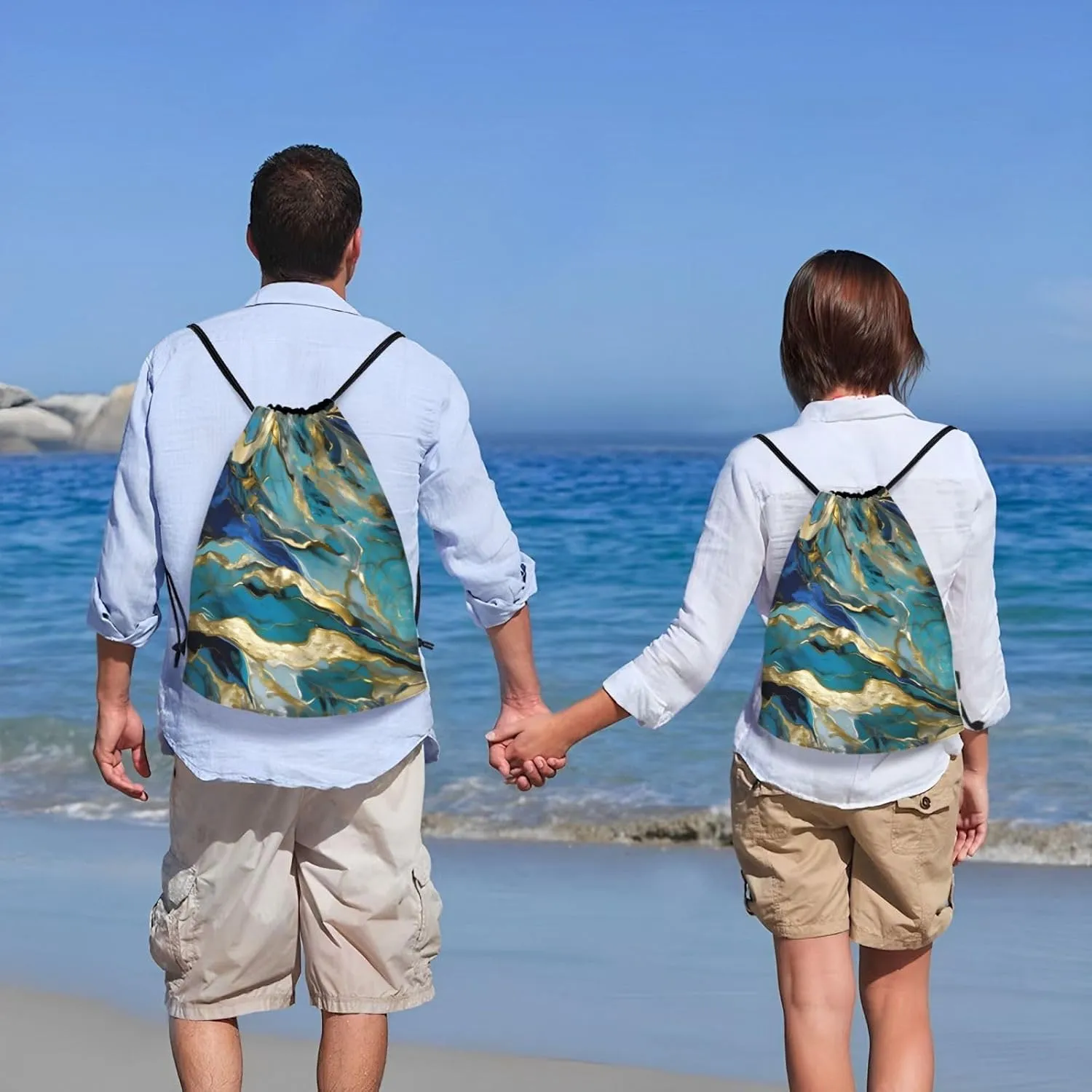Azurite Teal and Foil Gold Oil Marble Pattern Print Drawstring Bags,Gym Sport Sack Drawstring Bag Suitable for sport Swimming Travel.