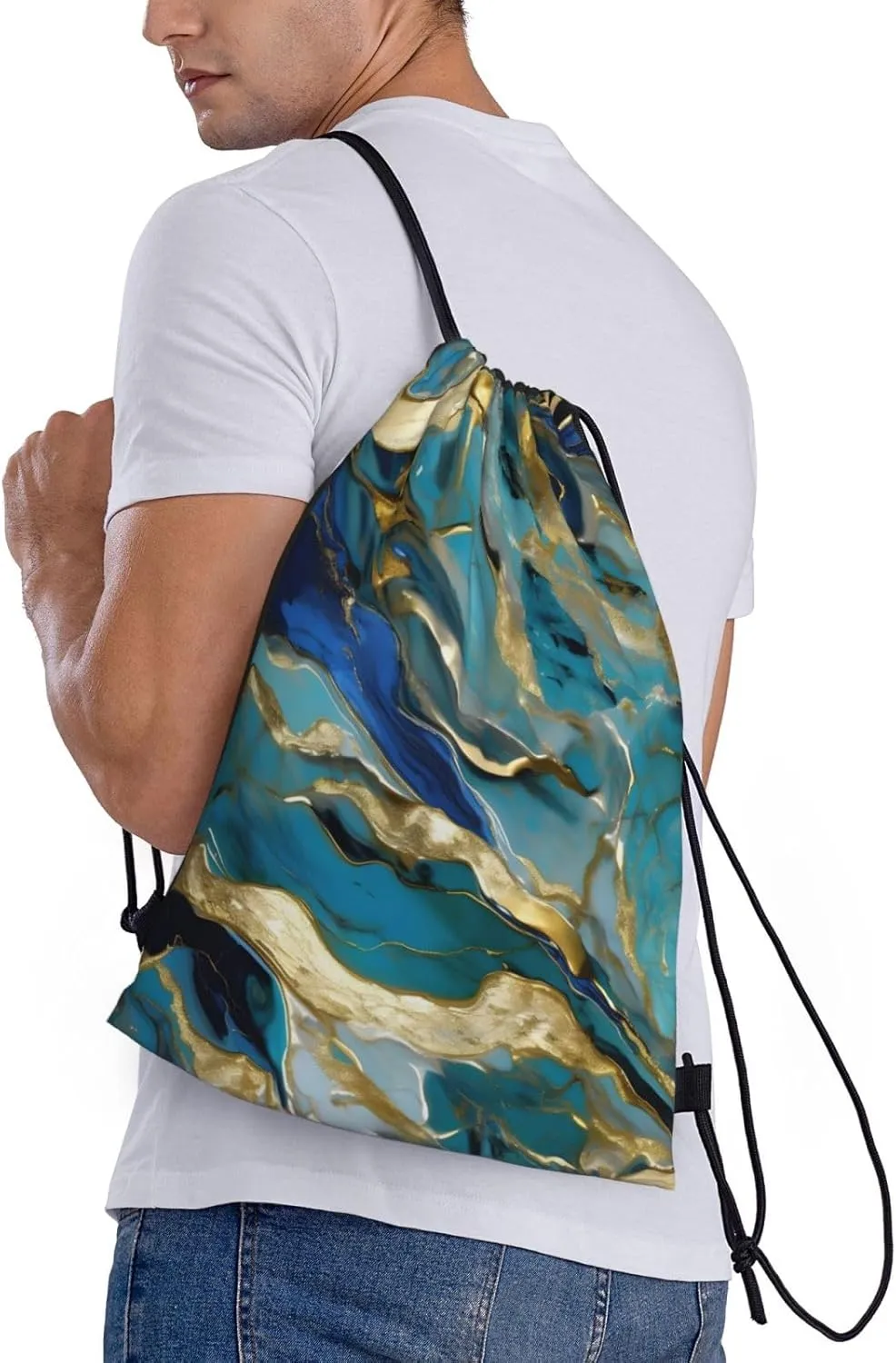 Azurite Teal and Foil Gold Oil Marble Pattern Print Drawstring Bags,Gym Sport Sack Drawstring Bag Suitable for sport Swimming Travel.