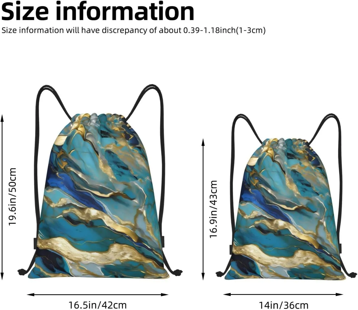 Azurite Teal and Foil Gold Oil Marble Pattern Print Drawstring Bags,Gym Sport Sack Drawstring Bag Suitable for sport Swimming Travel.