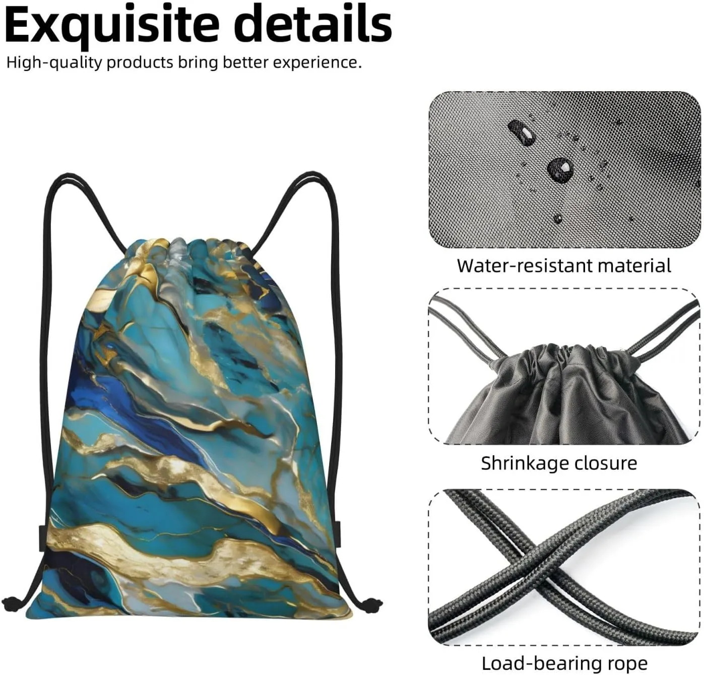 Azurite Teal and Foil Gold Oil Marble Pattern Print Drawstring Bags,Gym Sport Sack Drawstring Bag Suitable for sport Swimming Travel.
