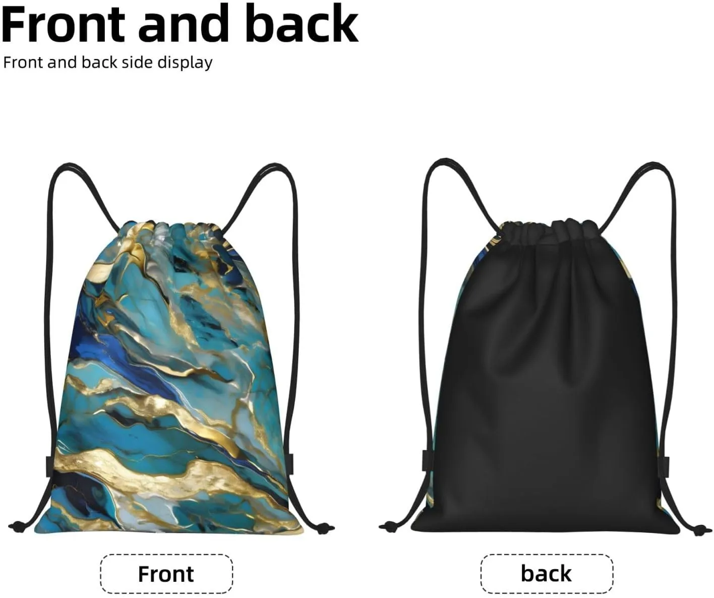 Azurite Teal and Foil Gold Oil Marble Pattern Print Drawstring Bags,Gym Sport Sack Drawstring Bag Suitable for sport Swimming Travel.