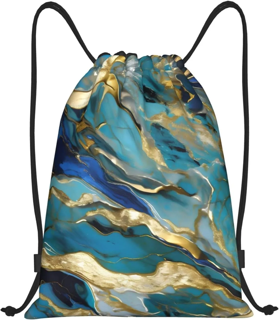 Azurite Teal and Foil Gold Oil Marble Pattern Print Drawstring Bags,Gym Sport Sack Drawstring Bag Suitable for sport Swimming Travel.