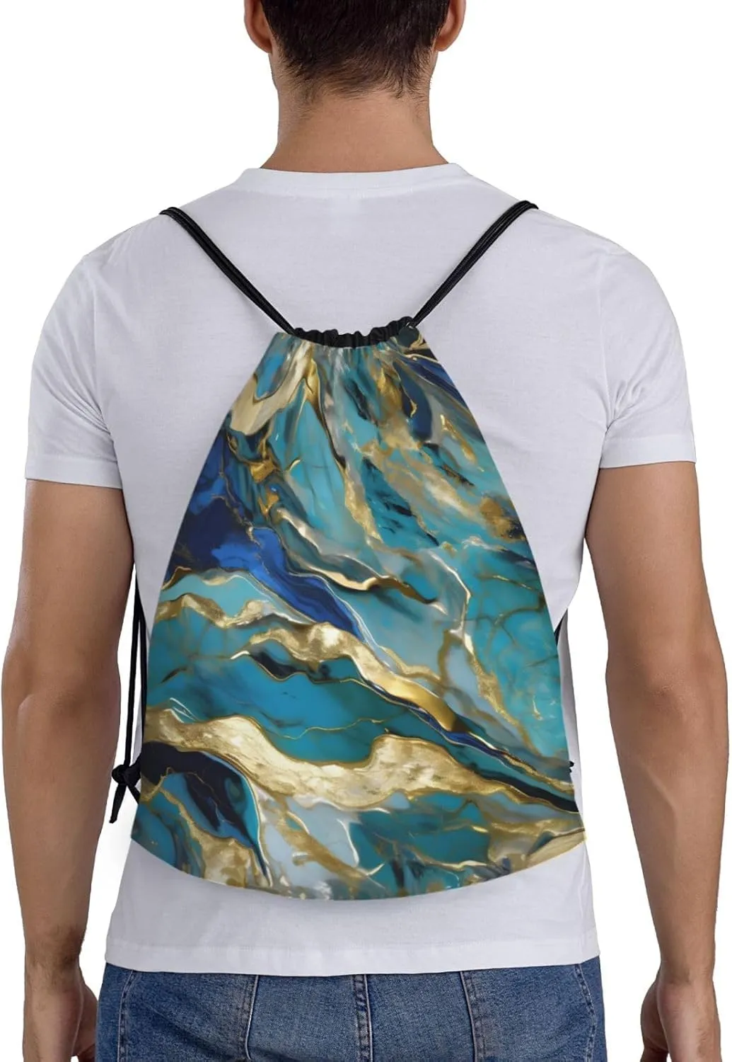 Azurite Teal and Foil Gold Oil Marble Pattern Print Drawstring Bags,Gym Sport Sack Drawstring Bag Suitable for sport Swimming Travel.