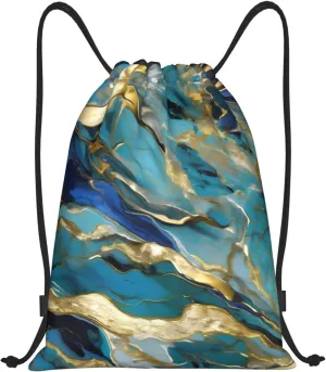Azurite Teal and Foil Gold Oil Marble Pattern Print Drawstring Bags,Gym Sport Sack Drawstring Bag Suitable for sport Swimming Travel.