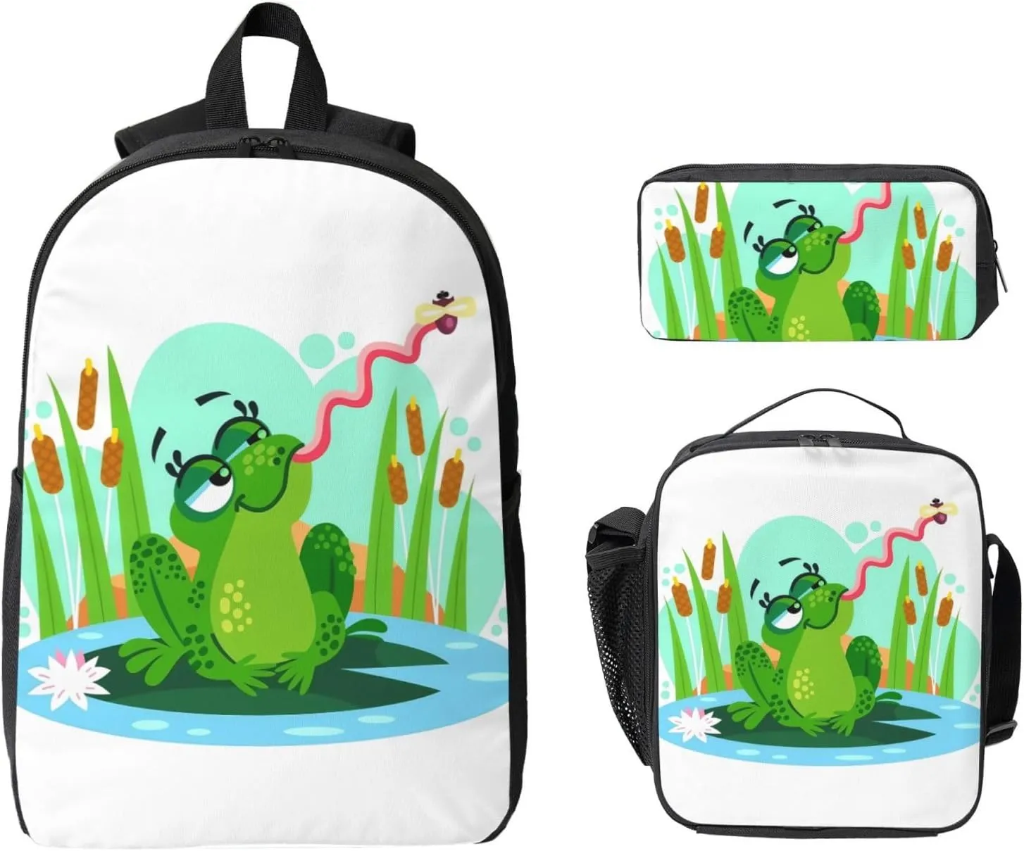 Backpack Lunch Box and Bag 3PCS Large Capacity Travel Backpack Suitable Work Outdoor Sport for Woman Man Frogs Eat Mosquitoes