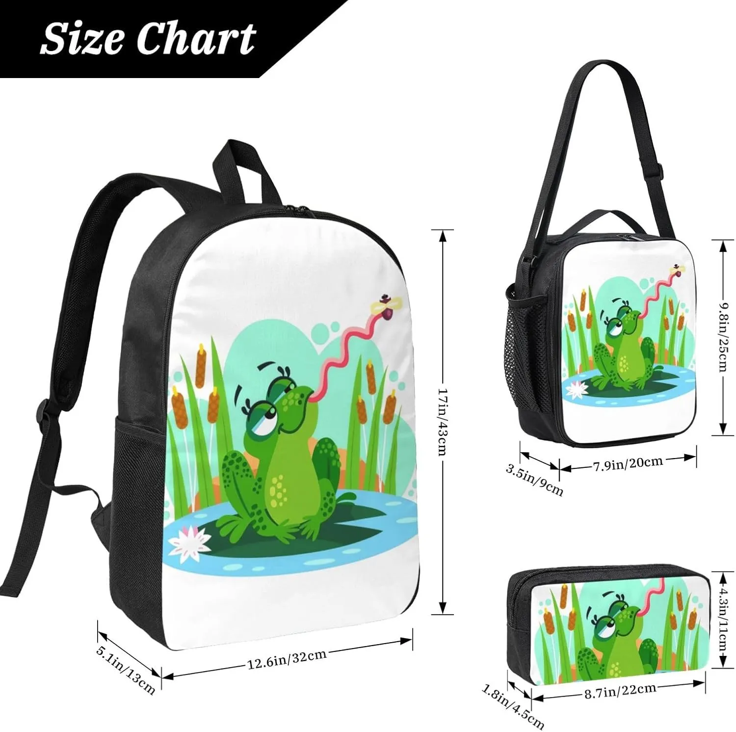 Backpack Lunch Box and Bag 3PCS Large Capacity Travel Backpack Suitable Work Outdoor Sport for Woman Man Frogs Eat Mosquitoes