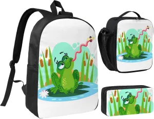 Backpack Lunch Box and Bag 3PCS Large Capacity Travel Backpack Suitable Work Outdoor Sport for Woman Man Frogs Eat Mosquitoes