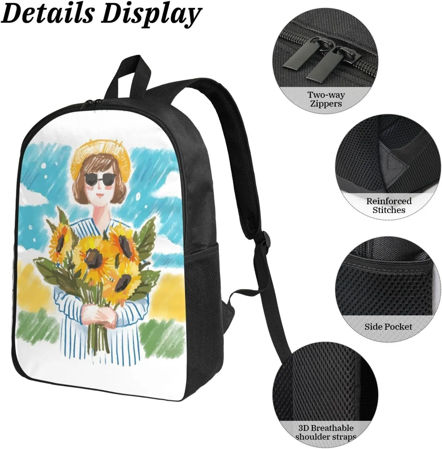 Backpack Lunch Box and Bag 3PCS Large Capacity Travel Backpack Suitable Work Outdoor Sport for Woman Man Sunflower