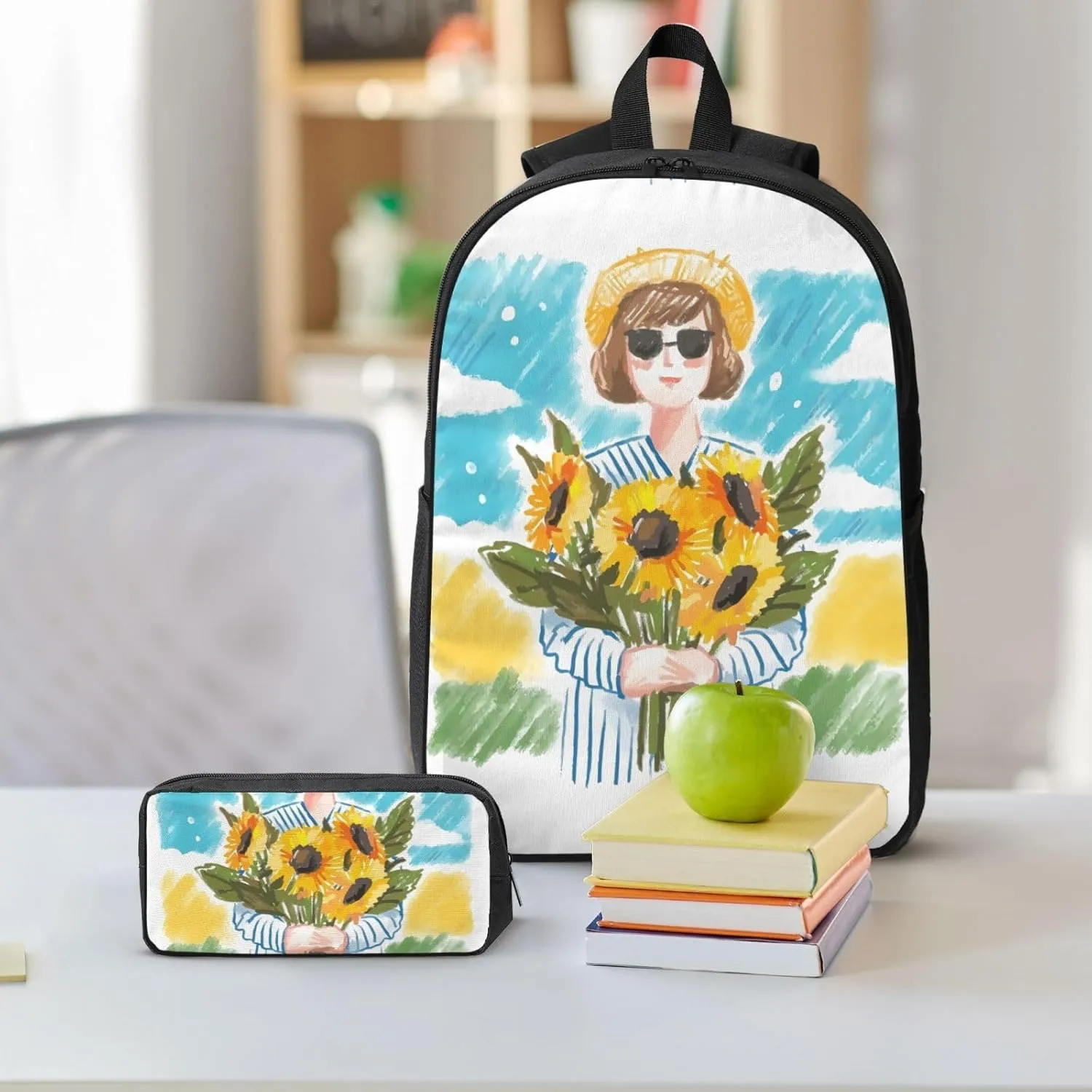 Backpack Lunch Box and Bag 3PCS Large Capacity Travel Backpack Suitable Work Outdoor Sport for Woman Man Sunflower