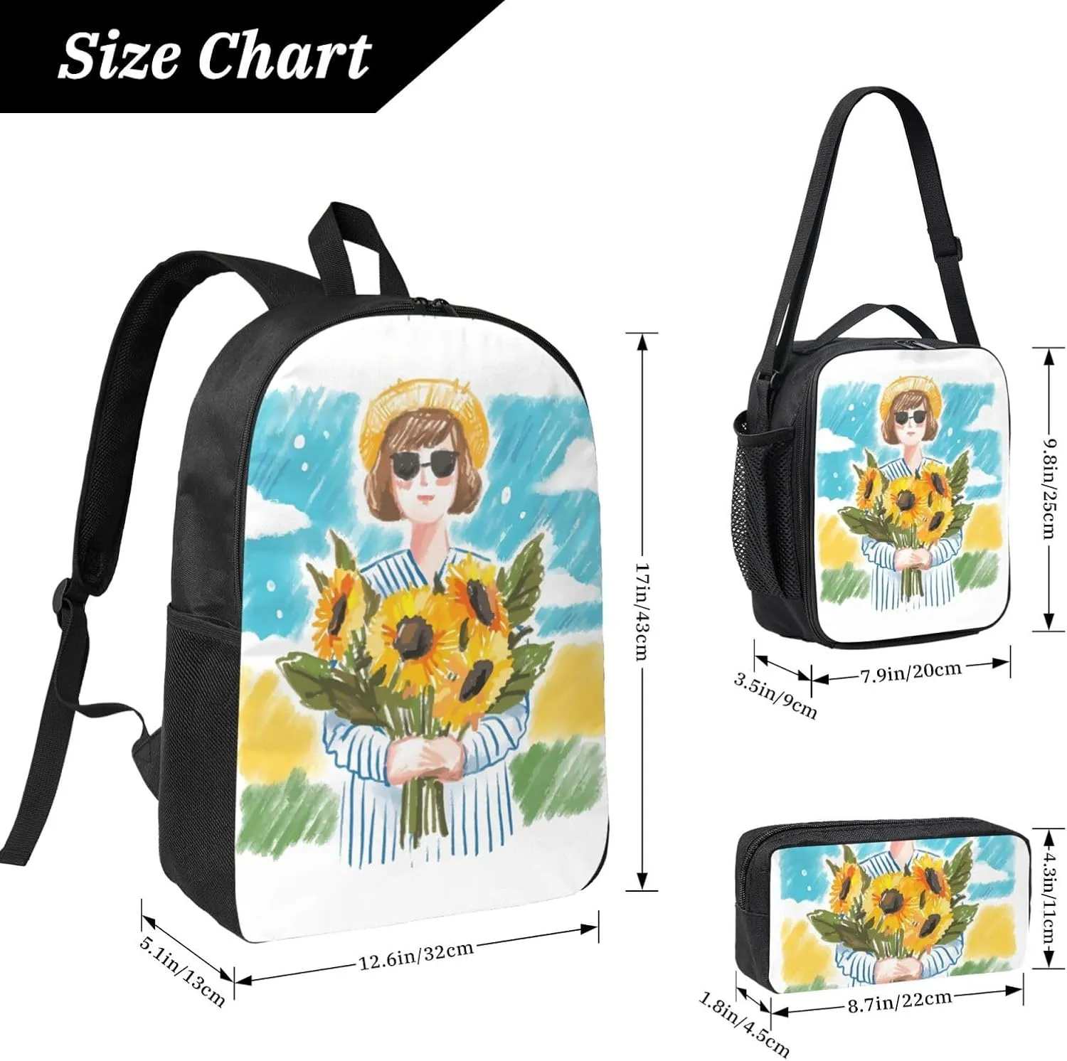 Backpack Lunch Box and Bag 3PCS Large Capacity Travel Backpack Suitable Work Outdoor Sport for Woman Man Sunflower