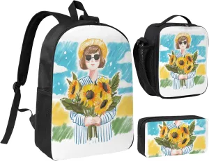 Backpack Lunch Box and Bag 3PCS Large Capacity Travel Backpack Suitable Work Outdoor Sport for Woman Man Sunflower