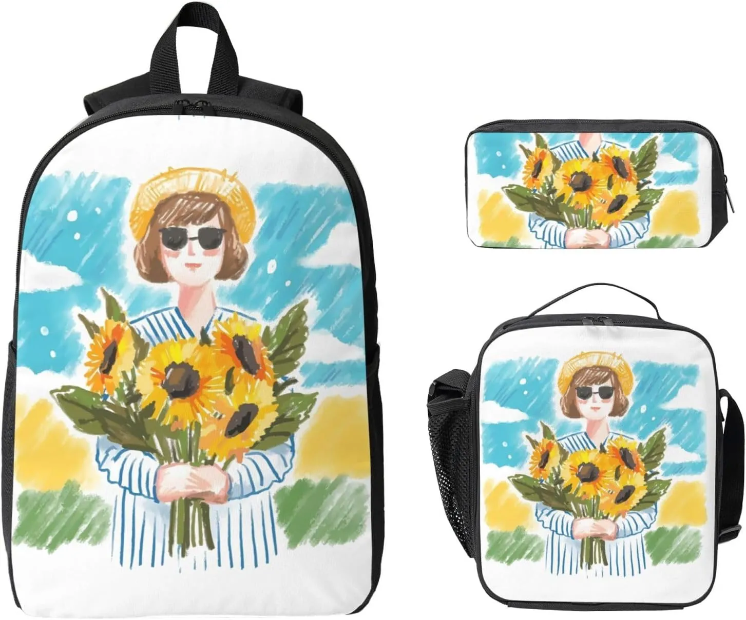 Backpack Lunch Box and Bag 3PCS Large Capacity Travel Backpack Suitable Work Outdoor Sport for Woman Man Sunflower