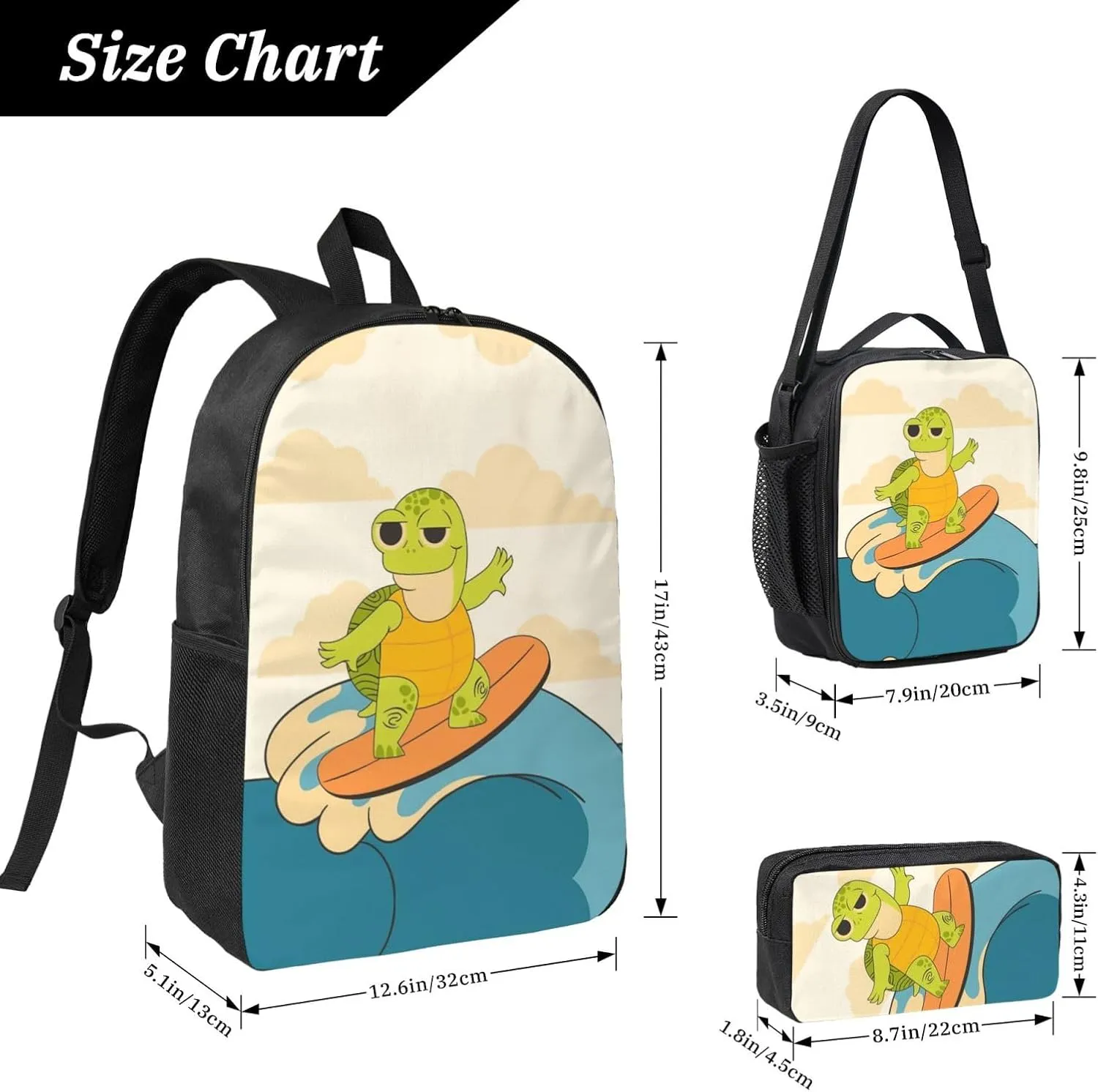 Backpack Lunch Box and Bag 3PCS Large Capacity Travel Backpack Suitable Work Outdoor Sport for Woman Man Surfing Turtle