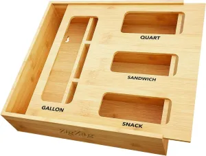 Bag Storage Organizer for Kitchen Drawer for Bags, Eco-Friendly Monoblock Bamboo Baggie Holder with Slider Top, Sturdy, Perfect for Homemakers