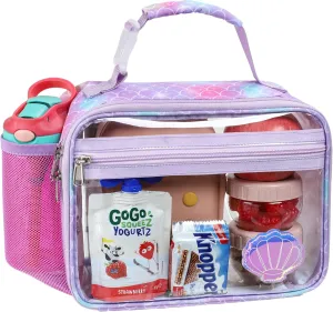 Bagseri Clear Lunch Bags for Kids - Kids Clear Lunch Box for School Reusable Lunch Box with Water Bottle Holder Transparent Lunch Bag for Girls, Purple Mermaid