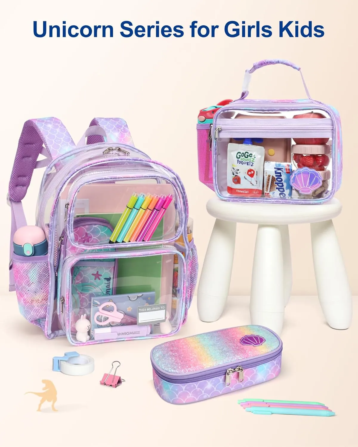 Bagseri Clear Lunch Bags for Kids - Kids Clear Lunch Box for School Reusable Lunch Box with Water Bottle Holder Transparent Lunch Bag for Girls, Purple Mermaid