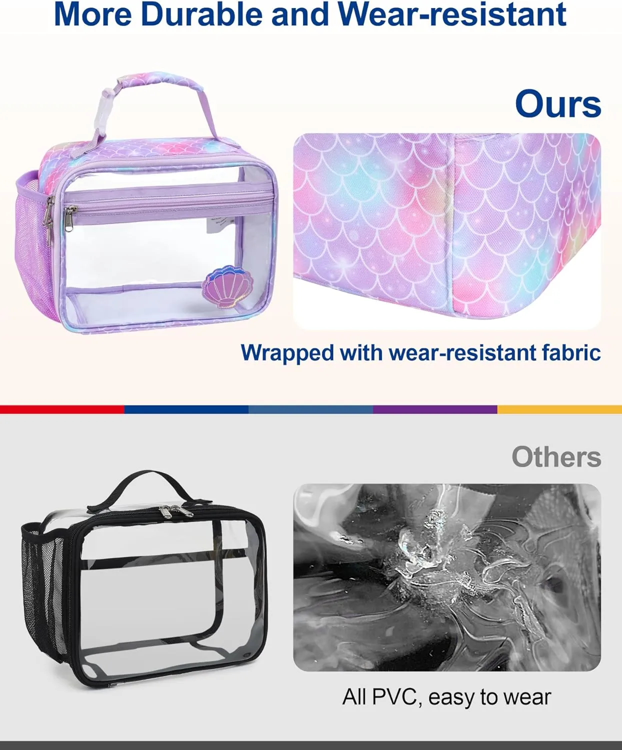 Bagseri Clear Lunch Bags for Kids - Kids Clear Lunch Box for School Reusable Lunch Box with Water Bottle Holder Transparent Lunch Bag for Girls, Purple Mermaid