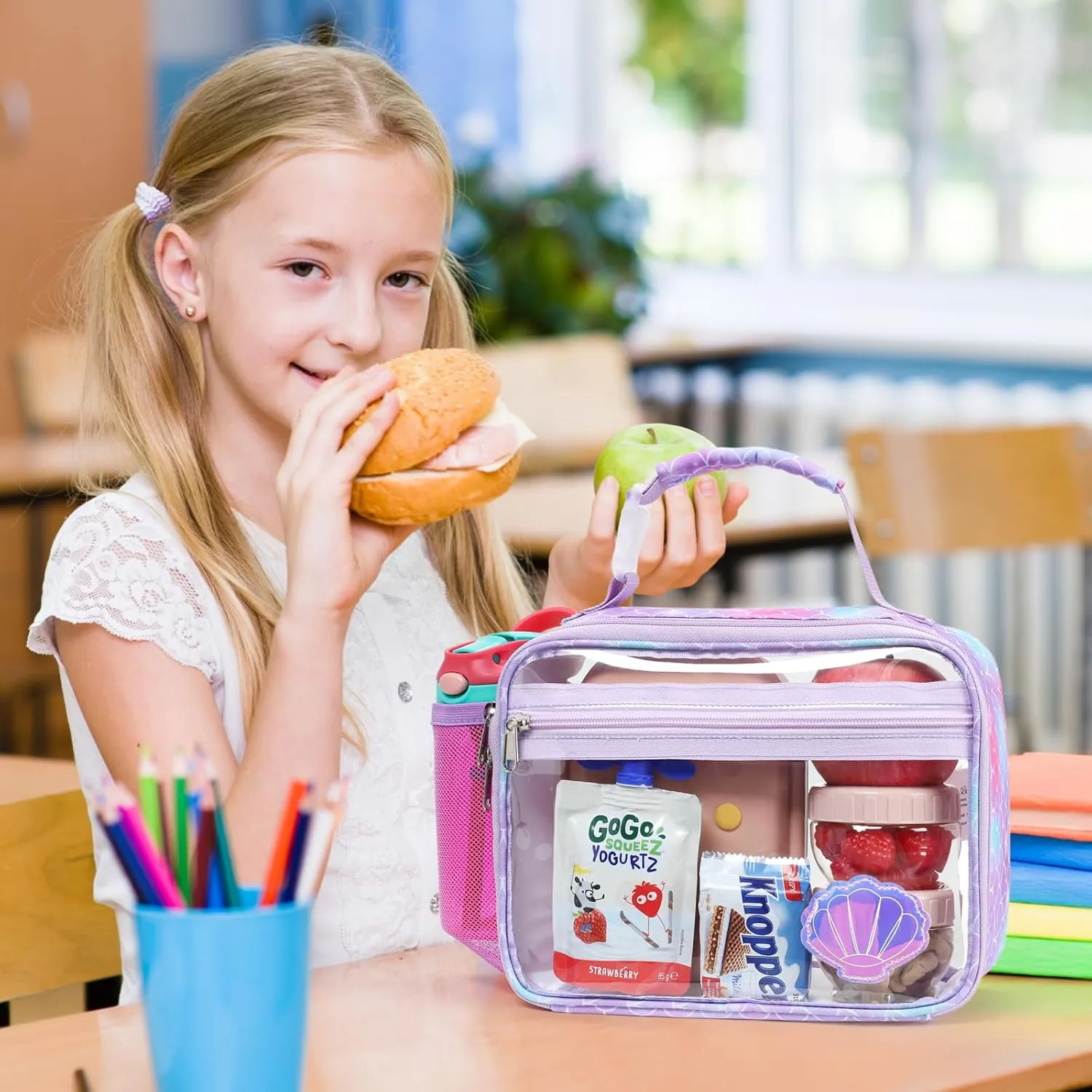 Bagseri Clear Lunch Bags for Kids - Kids Clear Lunch Box for School Reusable Lunch Box with Water Bottle Holder Transparent Lunch Bag for Girls, Purple Mermaid