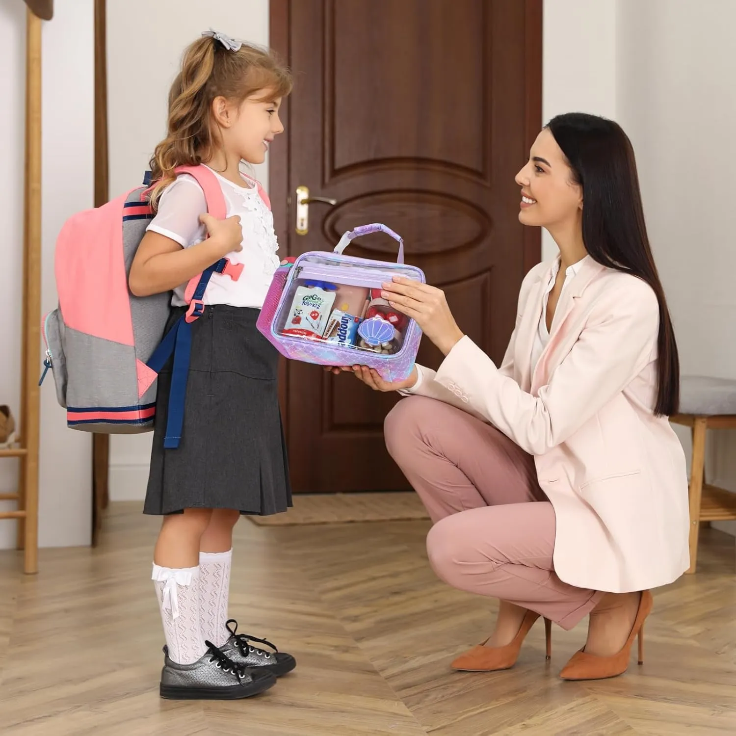 Bagseri Clear Lunch Bags for Kids - Kids Clear Lunch Box for School Reusable Lunch Box with Water Bottle Holder Transparent Lunch Bag for Girls, Purple Mermaid