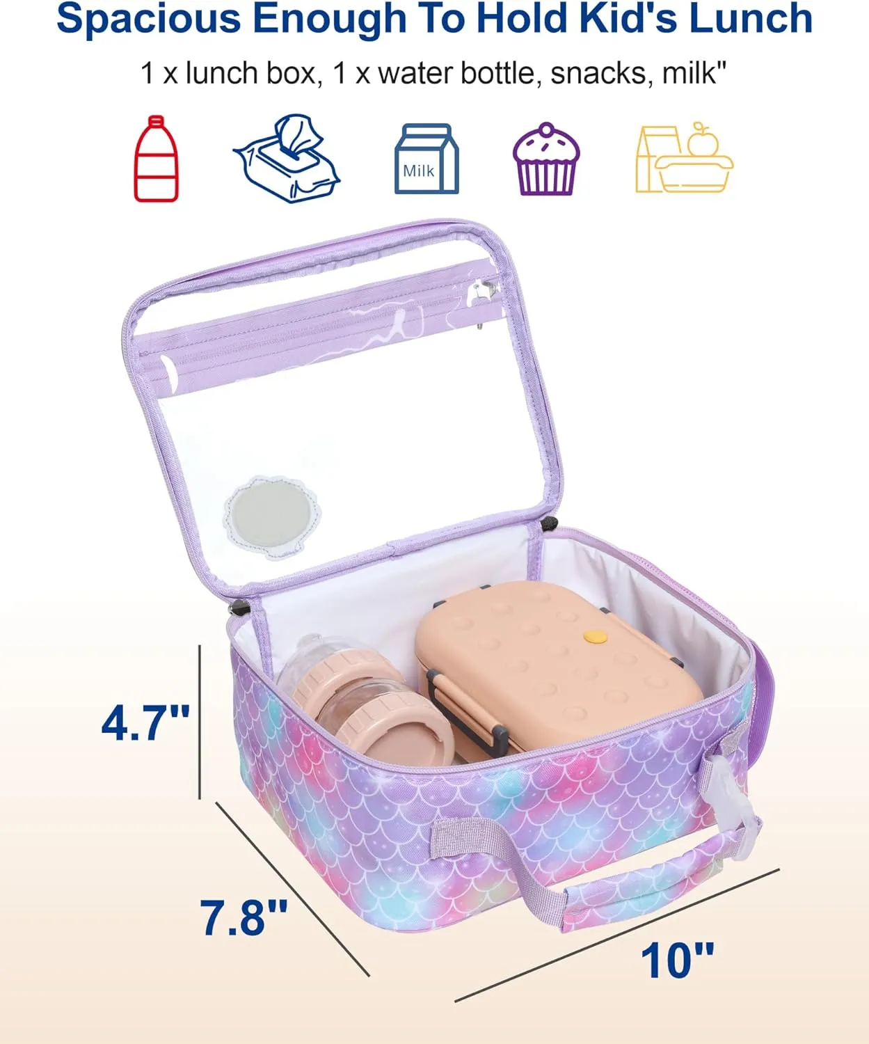 Bagseri Clear Lunch Bags for Kids - Kids Clear Lunch Box for School Reusable Lunch Box with Water Bottle Holder Transparent Lunch Bag for Girls, Purple Mermaid