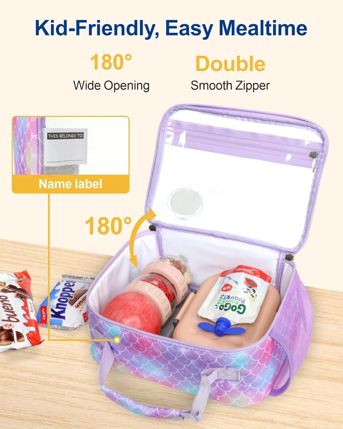 Bagseri Clear Lunch Bags for Kids - Kids Clear Lunch Box for School Reusable Lunch Box with Water Bottle Holder Transparent Lunch Bag for Girls, Purple Mermaid