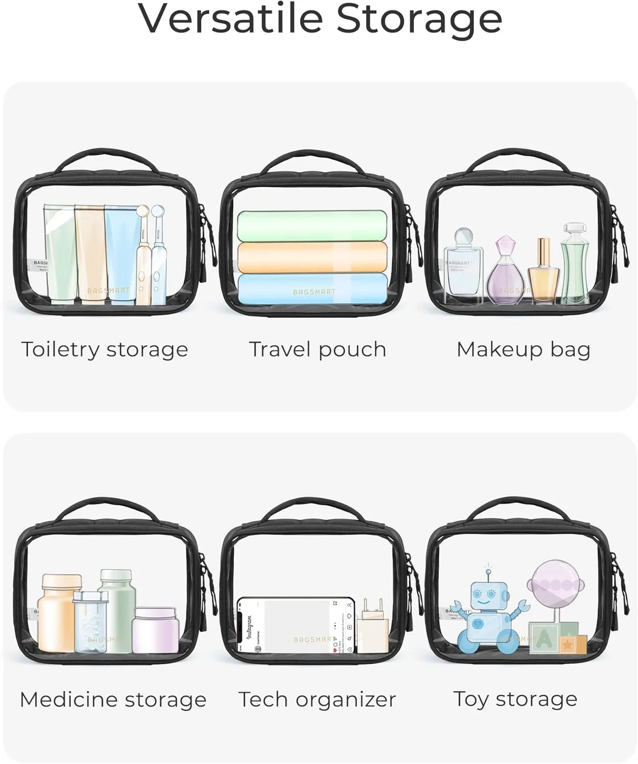 BAGSMART 2 Pack Clear Toiletry Bag, Puffy Edges TSA-Approved Travel Makeup Bag, Large Opening with Handle, Cosmetic Organizer with Double Zipper for Women