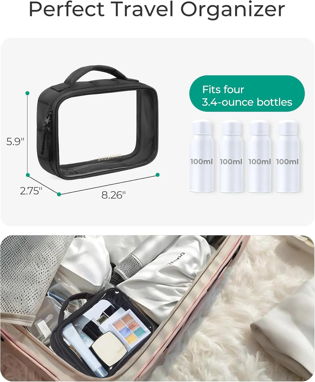BAGSMART 2 Pack Clear Toiletry Bag, Puffy Edges TSA-Approved Travel Makeup Bag, Large Opening with Handle, Cosmetic Organizer with Double Zipper for Women