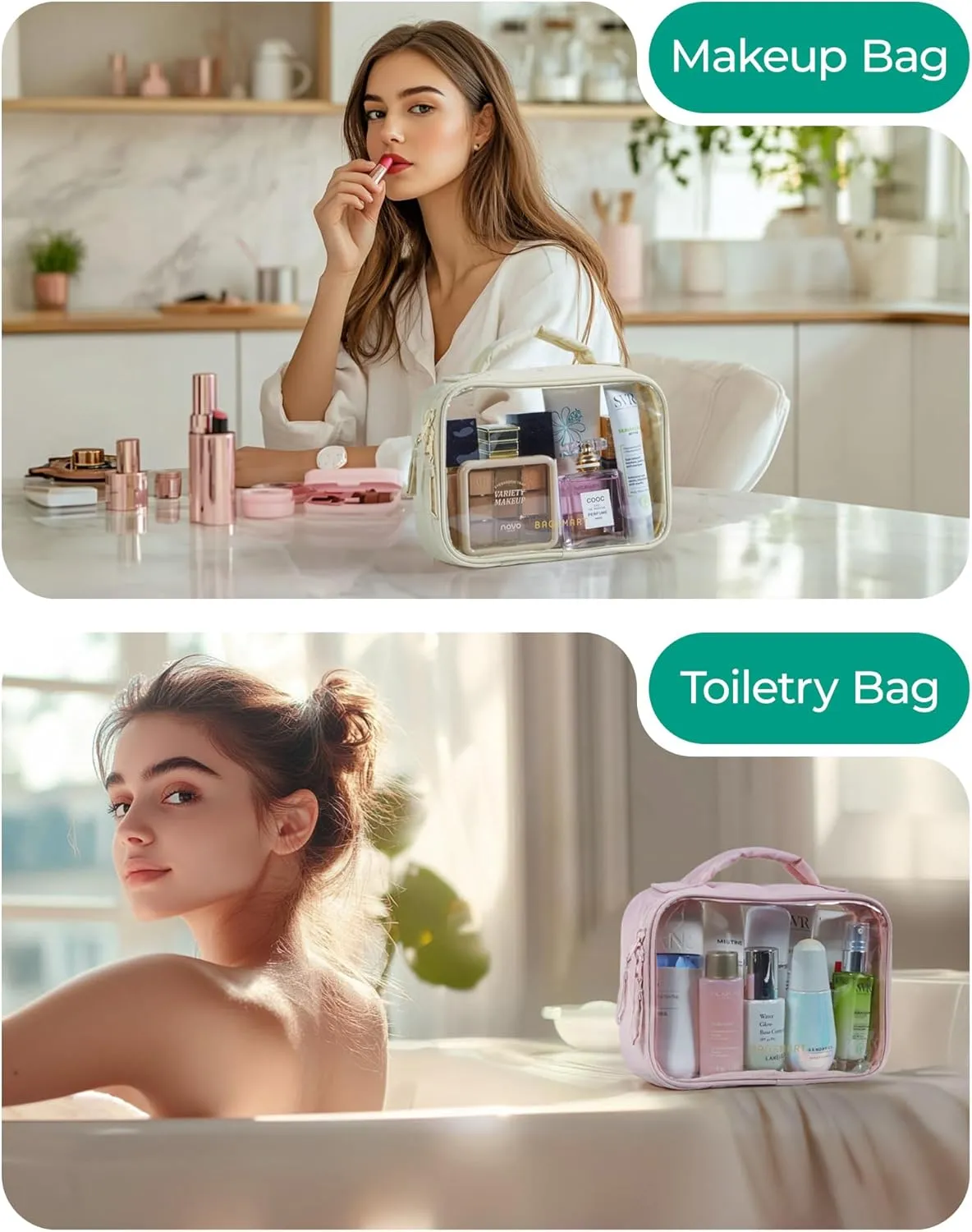 BAGSMART 2 Pack Clear Toiletry Bag, Puffy Edges TSA-Approved Travel Makeup Bag, Large Opening with Handle, Cosmetic Organizer with Double Zipper for Women