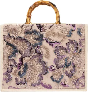Bamboo Handle Sequin Embroidered Floral Tote Bag Evening Handbag for Wedding Party