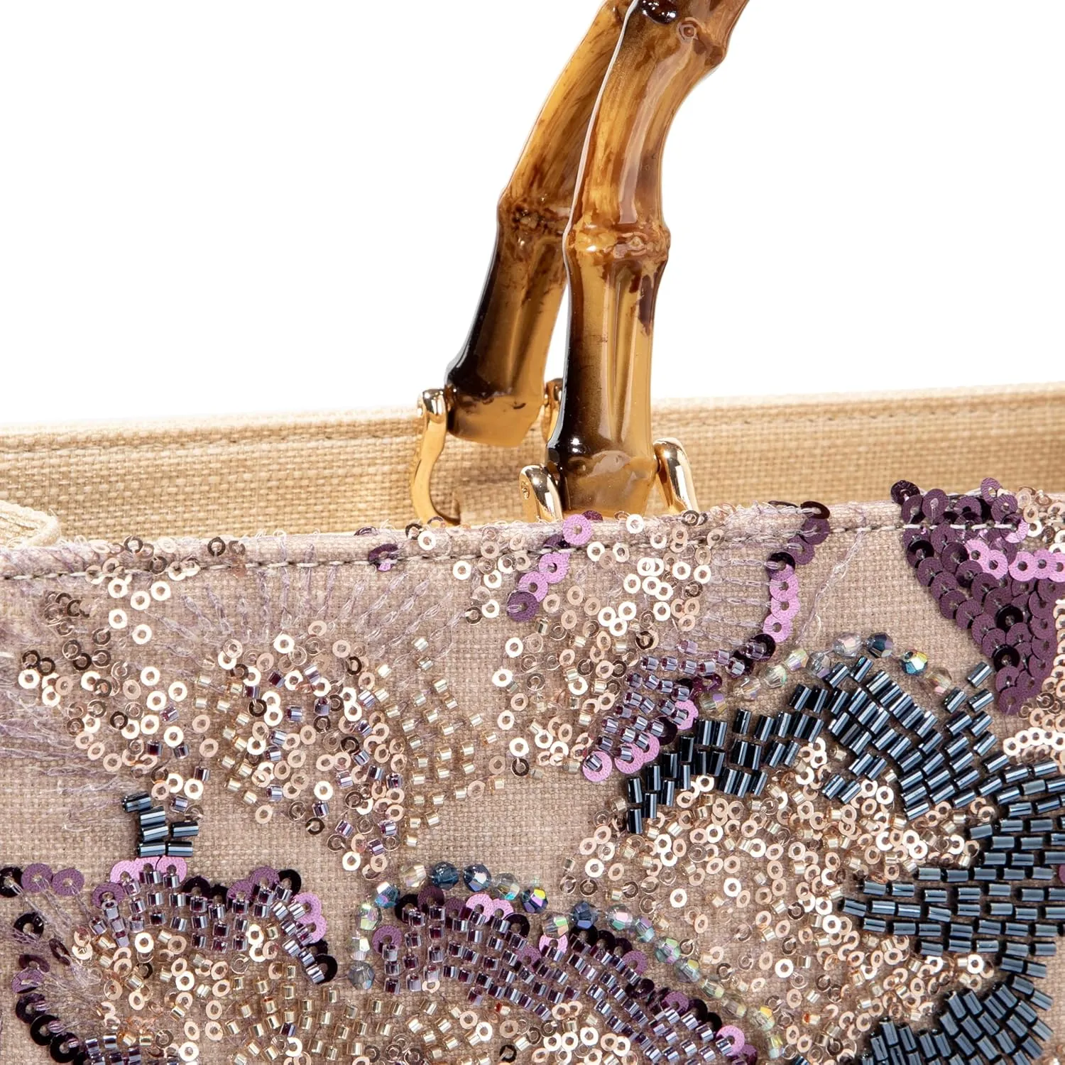 Bamboo Handle Sequin Embroidered Floral Tote Bag Evening Handbag for Wedding Party