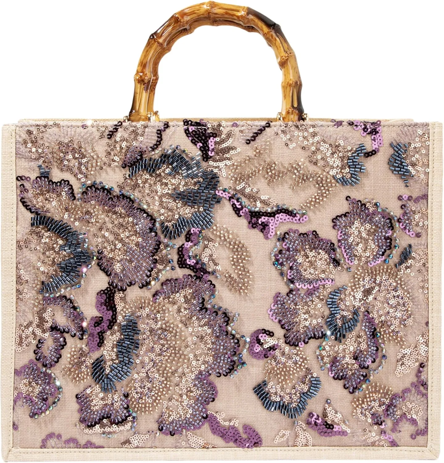 Bamboo Handle Sequin Embroidered Floral Tote Bag Evening Handbag for Wedding Party