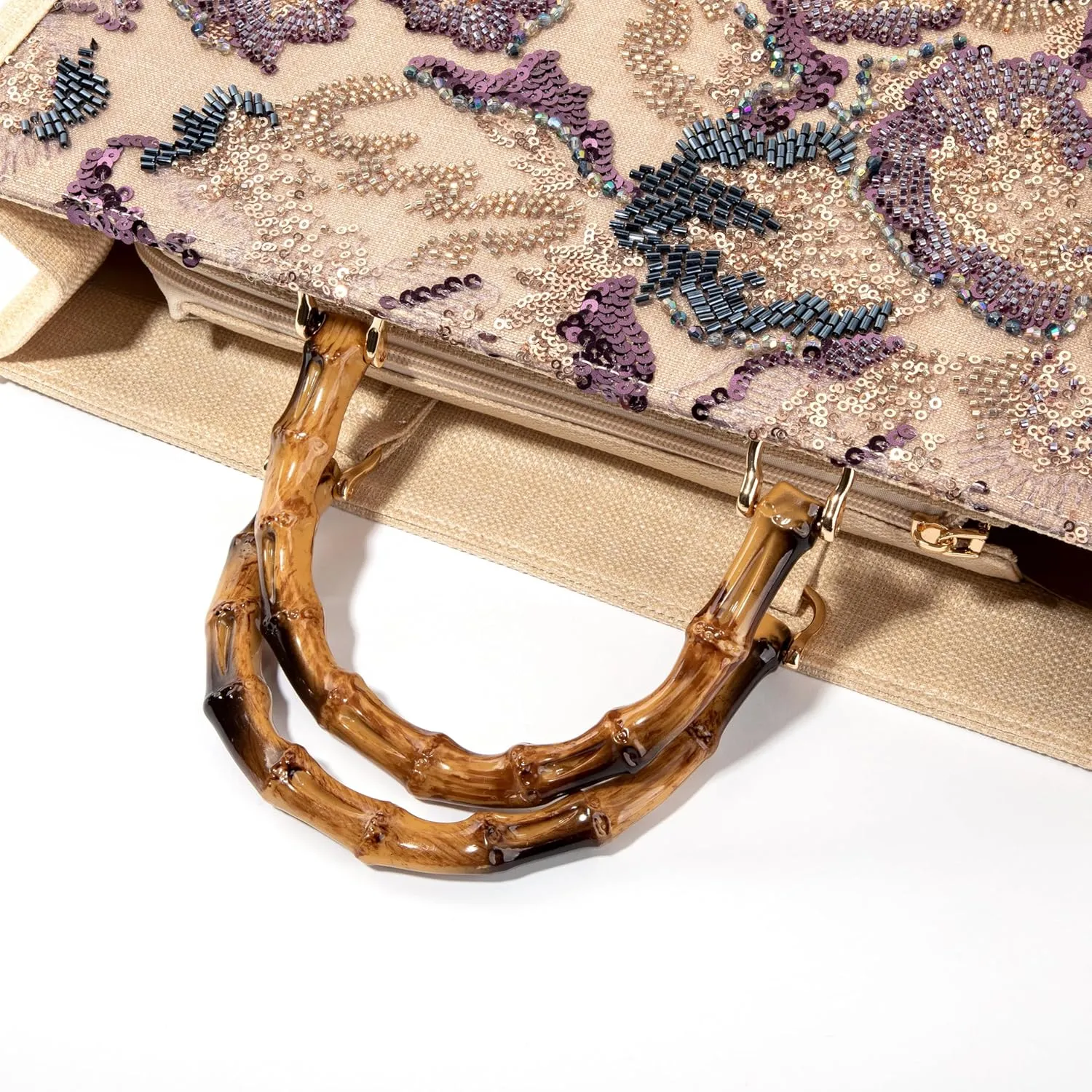 Bamboo Handle Sequin Embroidered Floral Tote Bag Evening Handbag for Wedding Party