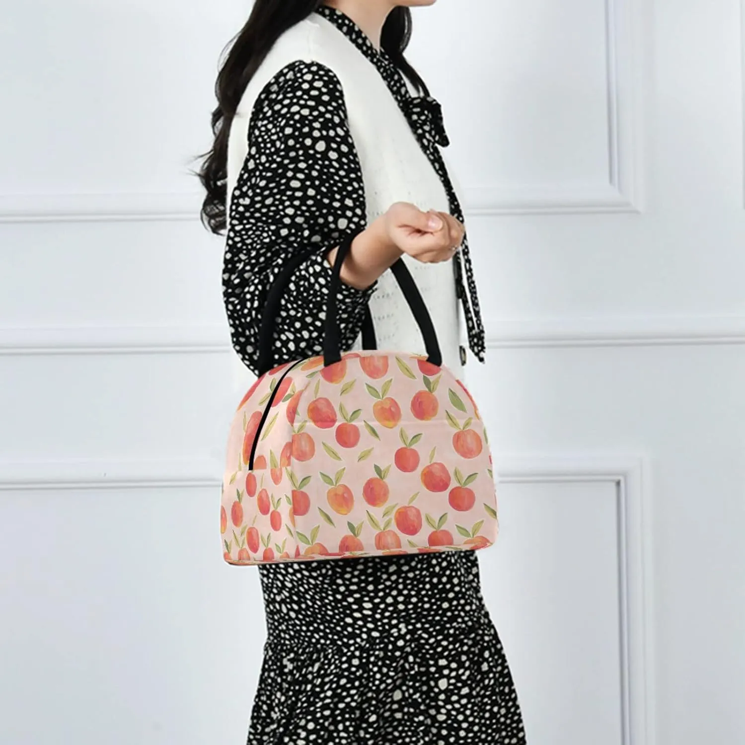 Beautiful Pink Gouache Peach Reusable Lunch Tote Bag with Front Pocket Insulated Thermal Cooler Container Bag for Back to School Work Picnic Travel Fishing Beach