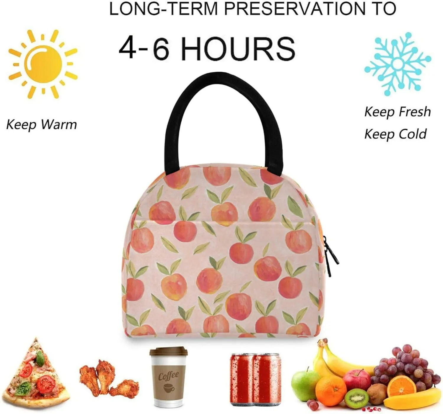 Beautiful Pink Gouache Peach Reusable Lunch Tote Bag with Front Pocket Insulated Thermal Cooler Container Bag for Back to School Work Picnic Travel Fishing Beach