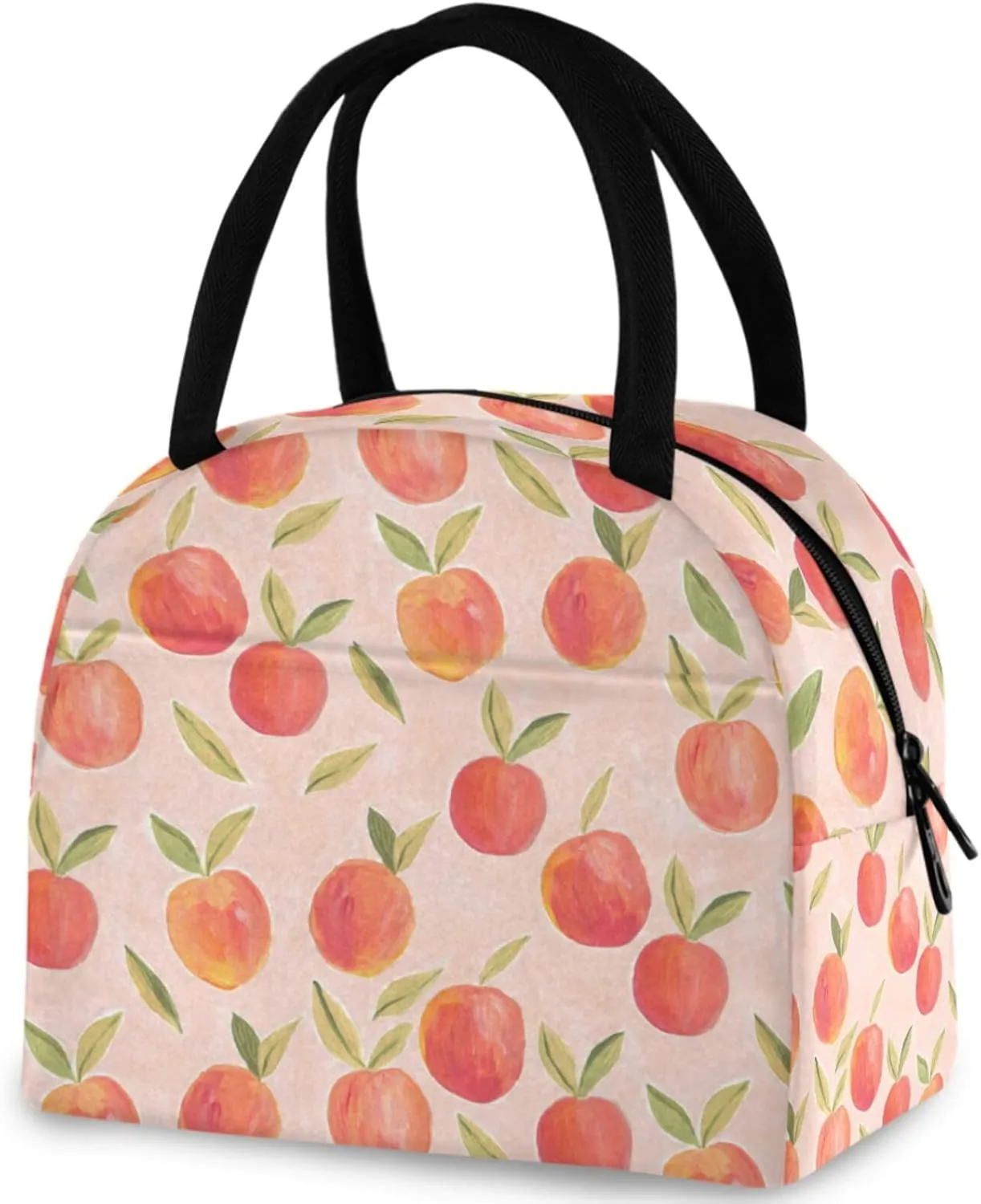 Beautiful Pink Gouache Peach Reusable Lunch Tote Bag with Front Pocket Insulated Thermal Cooler Container Bag for Back to School Work Picnic Travel Fishing Beach