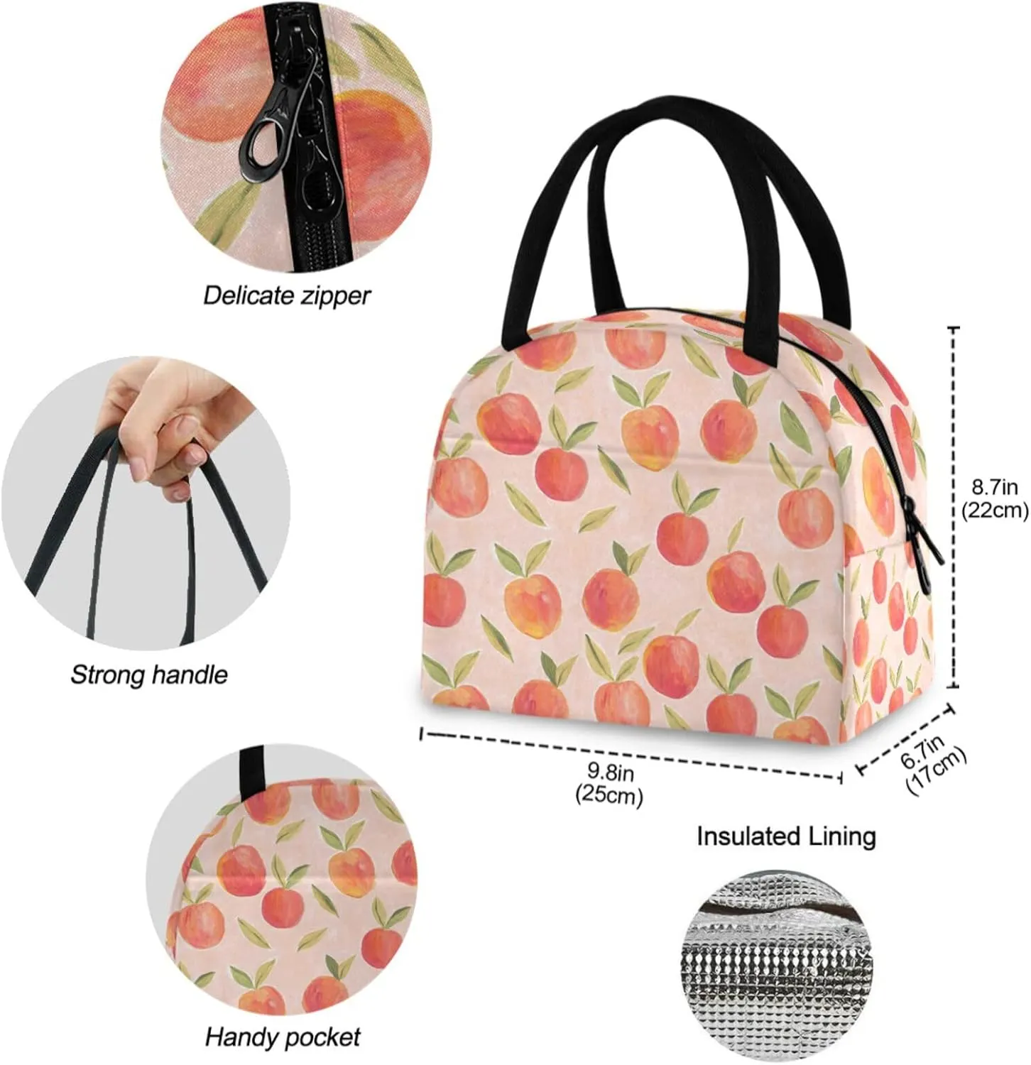 Beautiful Pink Gouache Peach Reusable Lunch Tote Bag with Front Pocket Insulated Thermal Cooler Container Bag for Back to School Work Picnic Travel Fishing Beach