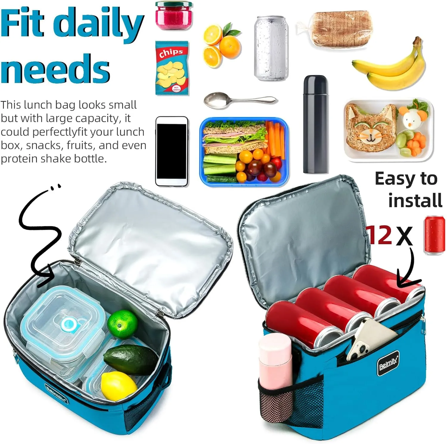 BEIMILY Lunch Box for Men/Women,Small Insulated Lunch Bag,Reusable LunchBox for work Picnic Beach,Leakproof Soft Cooler Tote Bag Organizer with Adjustable Shoulder Strap for Adults (Gray Blue)