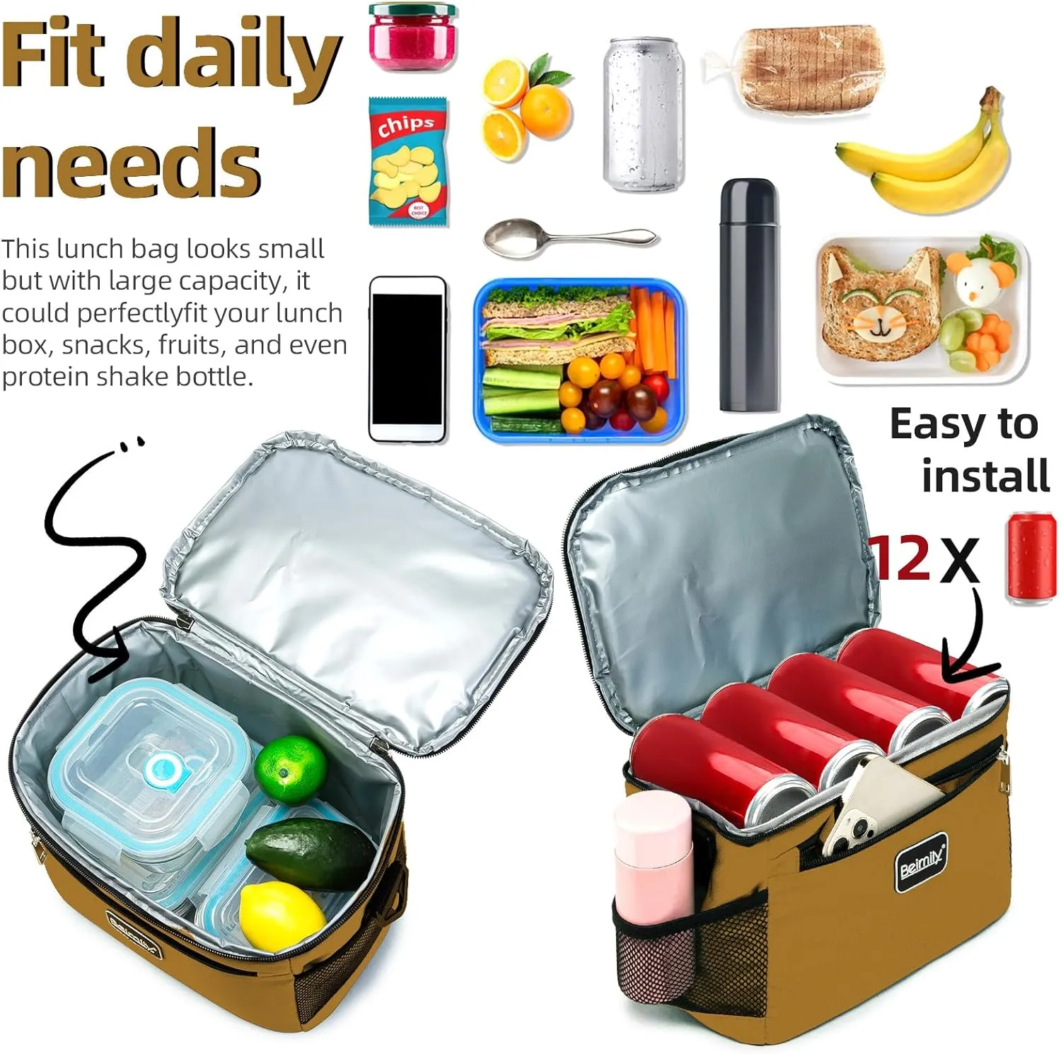 BEIMILY Lunch Box for Men/Women,Small Insulated Lunch Bag,Reusable LunchBox for work Picnic Hiking Beach,Leakproof Soft Cooler Tote Bag Organizer with Adjustable Shoulder Strap for Adults(Brown)